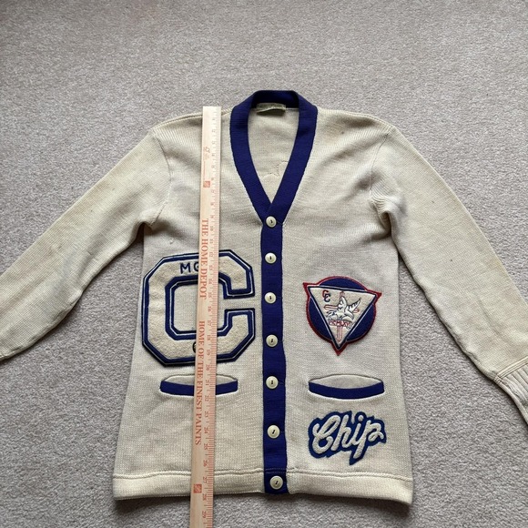 Vintage Falcons Letterman Sweater Mens Medium Cardigan Blue Chenille Patches 60s - Picture 2 of 16